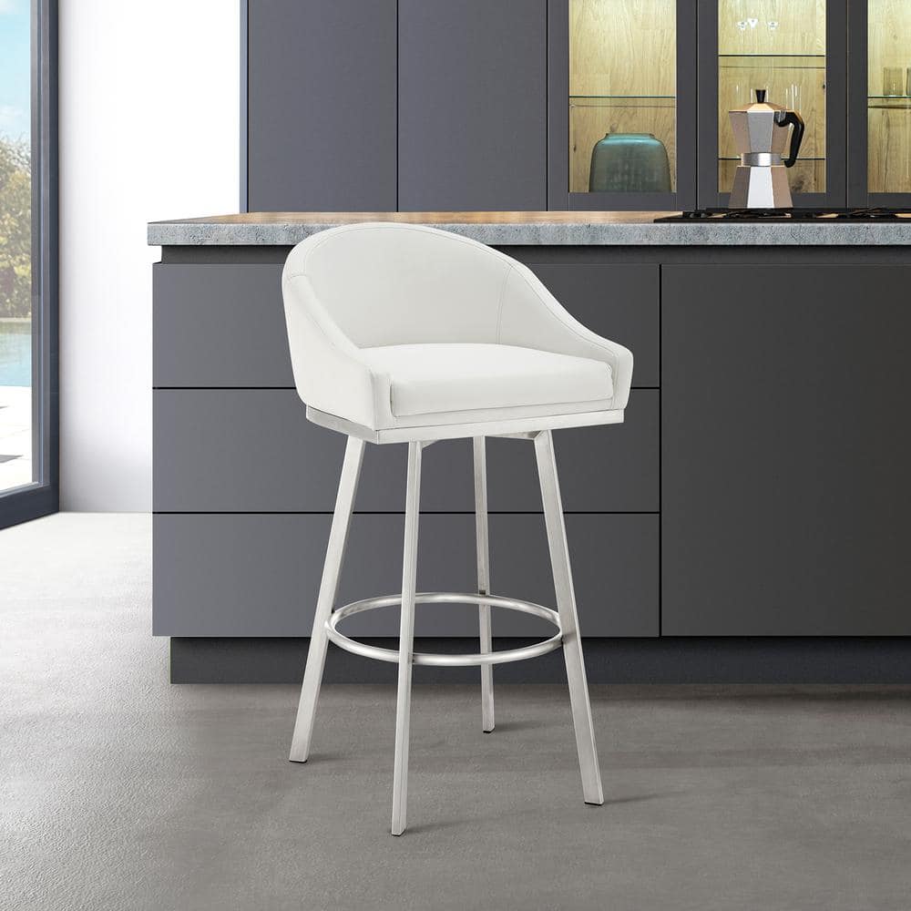 Noran 34.5-38.5 in. White/Brushed Stainless Steel Metal 25.5 in. Bar Stool 