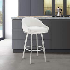 Noran 34.5-38.5 in. White/Brushed Stainless Steel Metal 25.5 in. Bar Stool with Faux Leather Seat