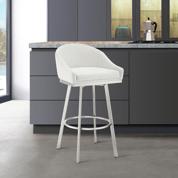 Armen Living Noran 34.5-38.5 in. White/Brushed Stainless Steel Metal 25.5 in. Bar Stool with Faux Leather Seat