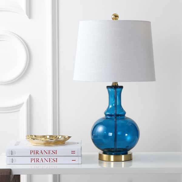 H-28.5H NAVY BLUE GLASS AND BRASS TABLE LAMP