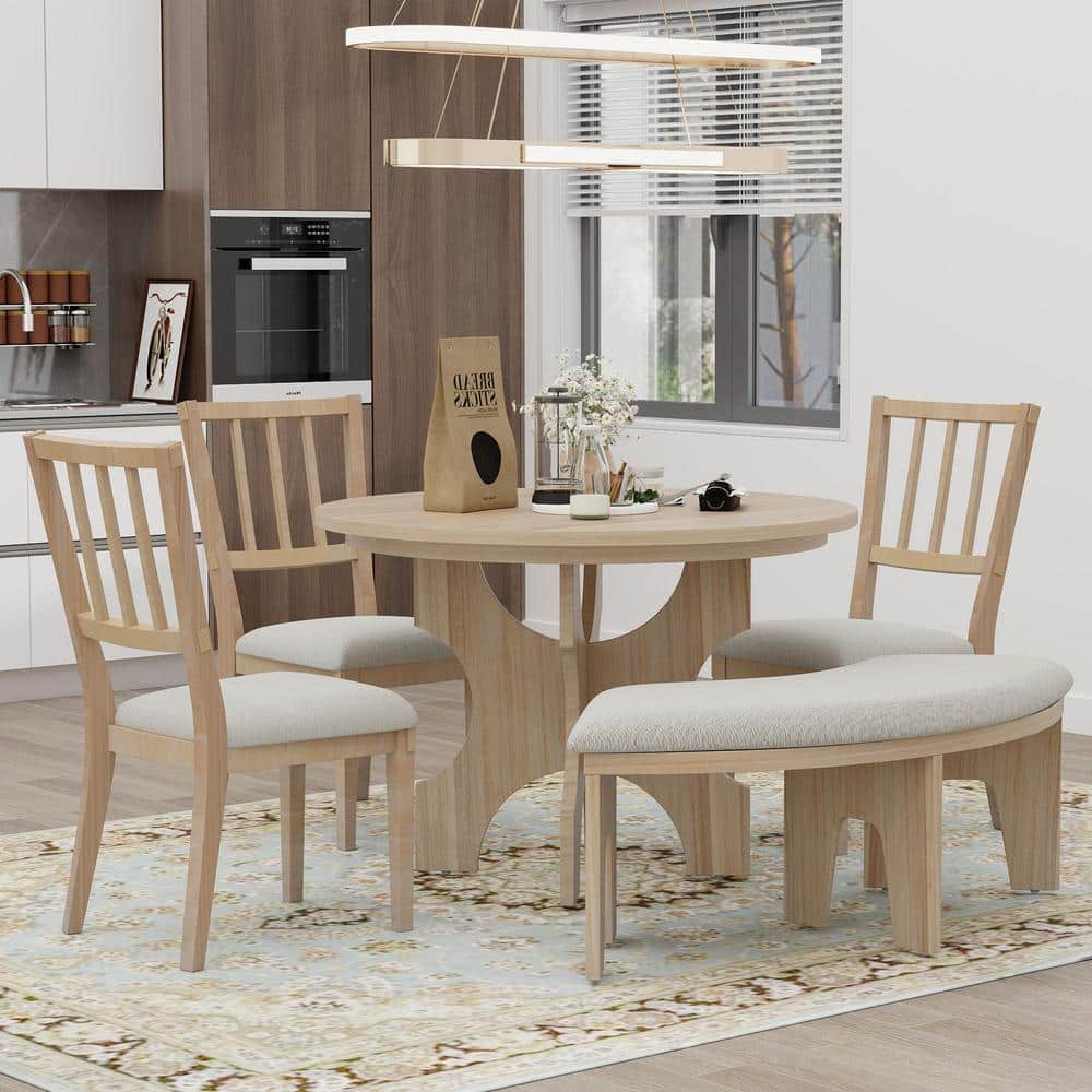 Qualler Natural Wood 5Piece Round Dining Table Set with 3 Chairs and a