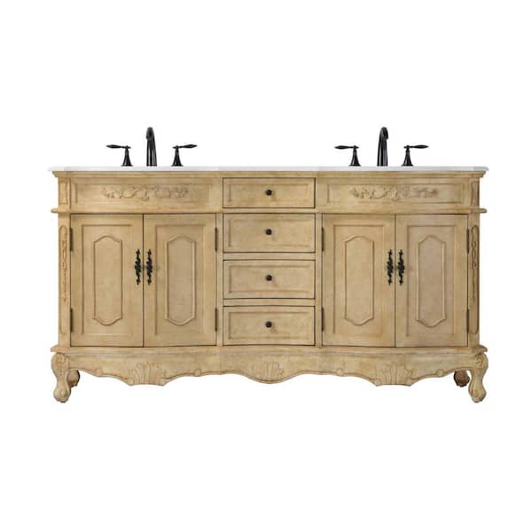 66 in. Double Sink Freestanding Antique Beige Bath Vanity with Ivory White Engineered Marble Top