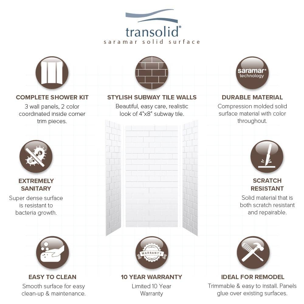 Transolid 36" x 36" x 72" White Subway Tile Shower Wall Kit