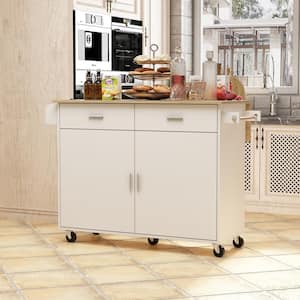 43.3 in. W White Wood Grain Kitchen Bar Serving Cart Dining Table With Drawers, Casters, Swivel Shelves, Towel Rack