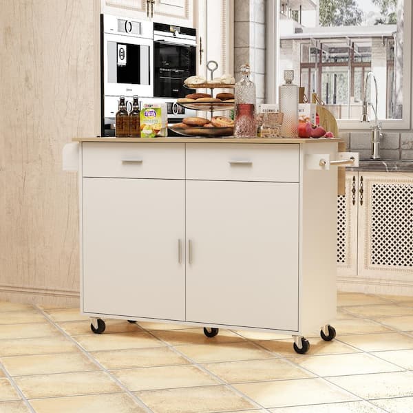 WIAWG 43.3 in. W White Wood Grain Kitchen Bar Serving Cart Dining Table With Drawers, Casters, Swivel Shelves, Towel Rack