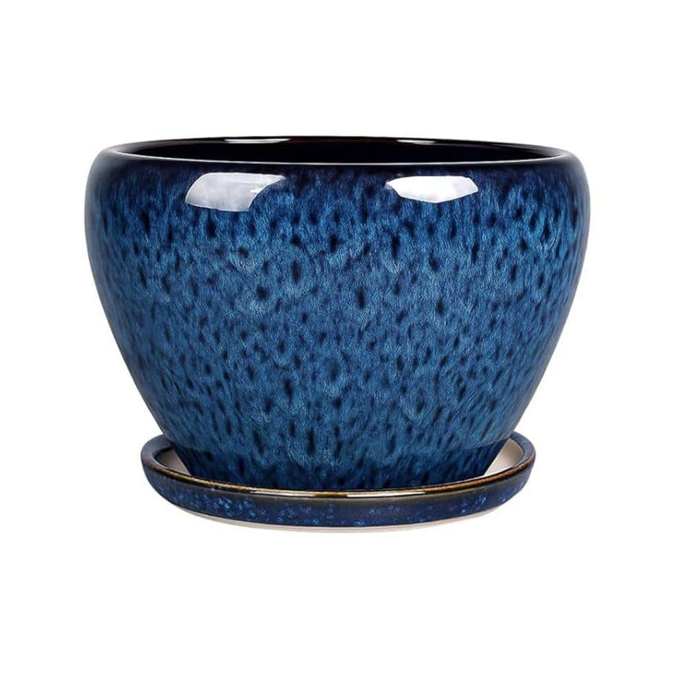 Blue Ceramic Round Flower Planter Pot with Drainage Holes and Trays for Indoor Outdoor Plants (10 in. W x 7 in. H) price history on PriceWatchPro