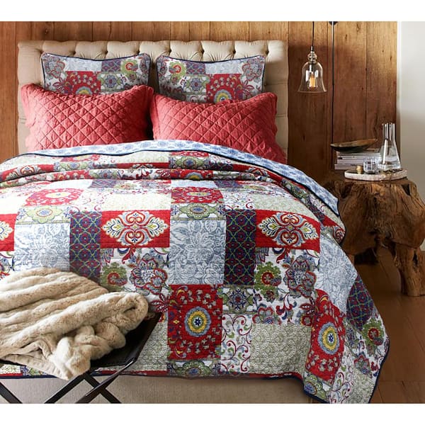 Cozy Line Home Fashions Red Fleur-De-Lis Country Floral 2-Piece Multicolor Red Blue Green Tan Patchwork Cotton Twin Quilt Bedding Set