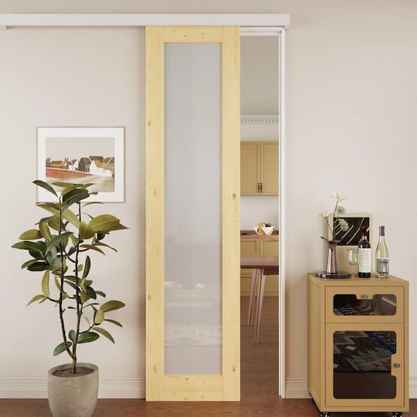 ARK DESIGN 24 in. x 96 in. Hidden Track Style 1-Lite Frosted Glass Unfinished Glass Sliding Barn Door with Hardware Kit