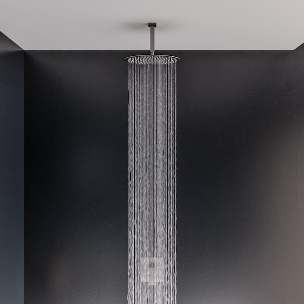 1-Spray 11.8 in. Single Ceiling Mount Waterfall Fixed Rain Shower Head in Brushed Stainless Steel