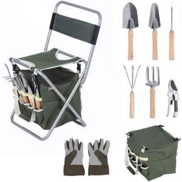 maocao hoom 9-Piece Garden Tools Set Ergonomic Wooden Handle Sturdy Stool with Detachable Tool Kit