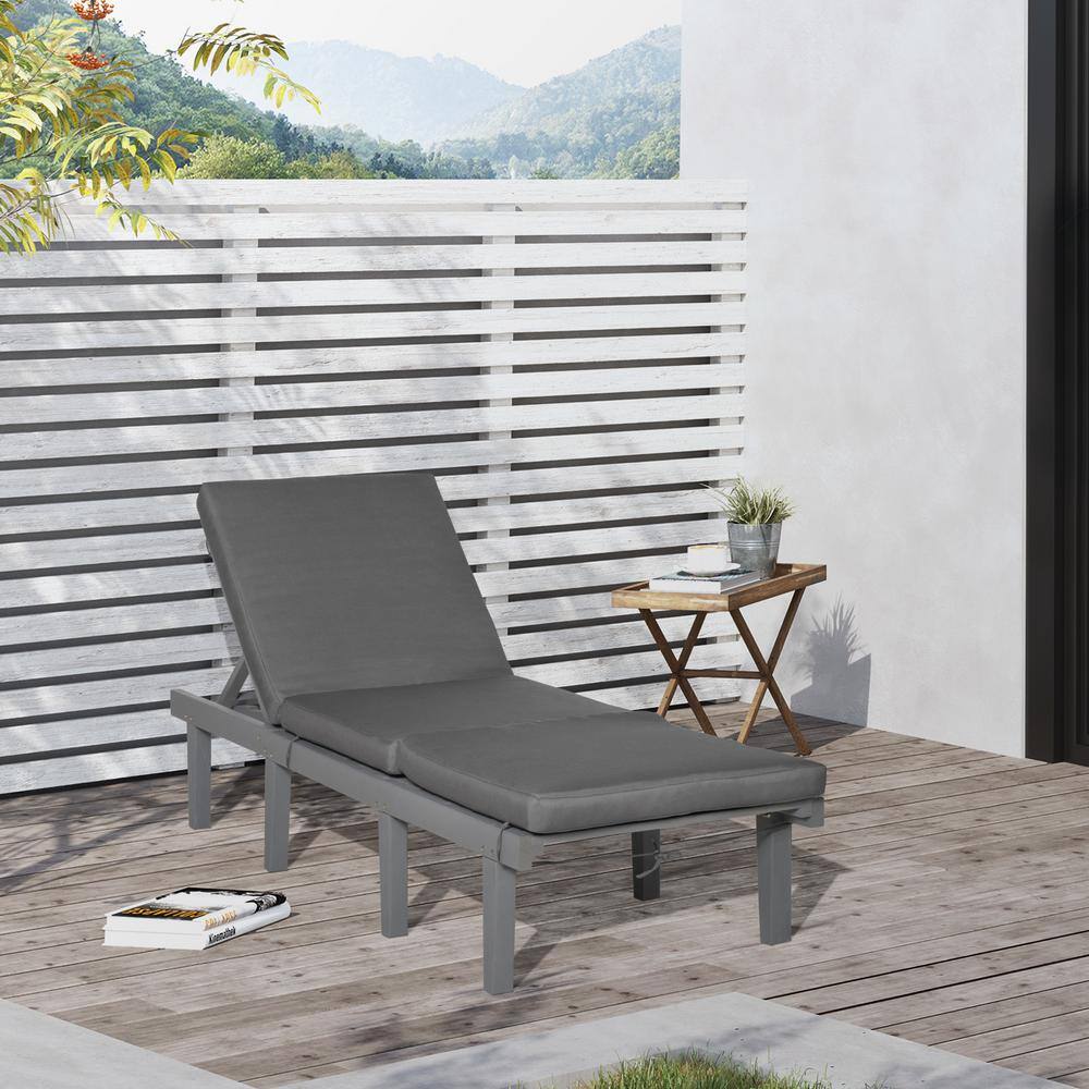 Gray Wood Outdoor Chaise Lounge with Adjustable Backrest and Cushions