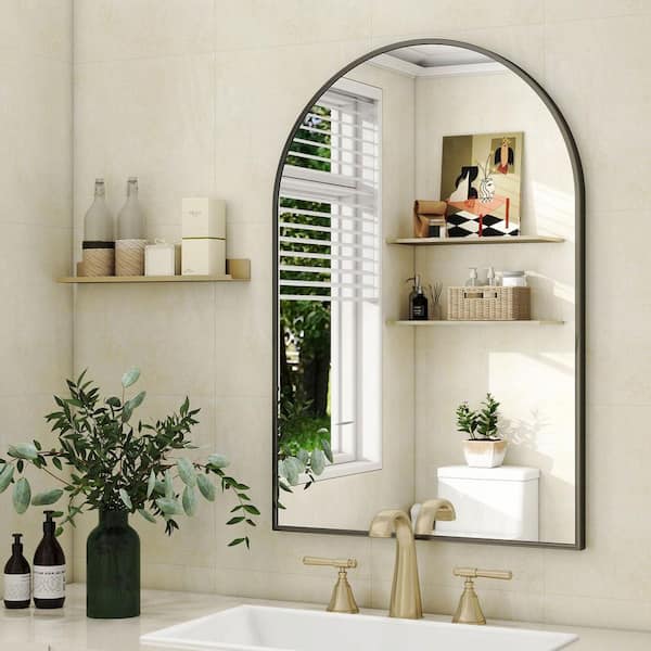 20 in. W x 30 in. H Arched Bathroom Mirror Black Mirror Aluminum Alloy Frame Wall Mirror