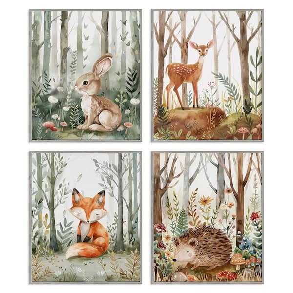 Baby Animals in Woods by LSR Design Studio 4 Pieces Gray Framed Animal Giclee Art Print 14 in. x 11 in.