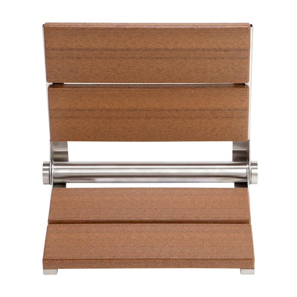 18 in. Wall Mounted Fold Down Composite Shower Seat in Antique Mahogany Wood Grain Finish with a Brushed Nickel Frame