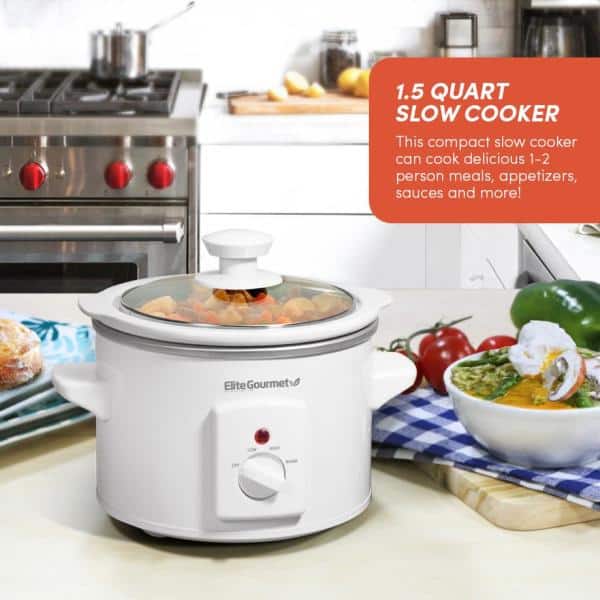 Elite Gourmet 1.5Qt White Mini Slow Cooker with Glass Lid