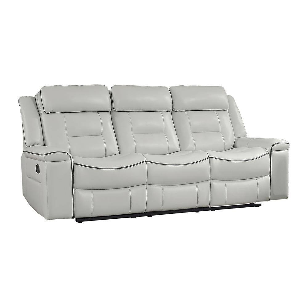 Modern Light Gray Faux Leather 88.5" Reclining Sofa with Wood Accents