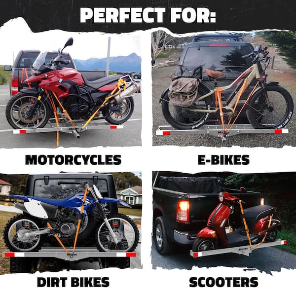 500 lb. Capacity Heavy-Duty Steel Hitch Mount Dirt Bike Carrier 73in. Includes Loading Ramp, Straps and Hitch Stabilizer