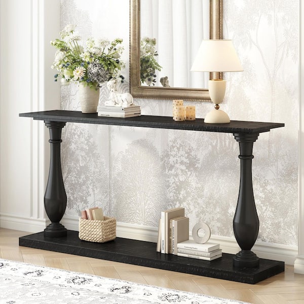 Harper & Bright Designs Vase-shaped Design 63 in. Black Rectangle Pine Wood Veneer and MDF Console Table with Bottom Shelf