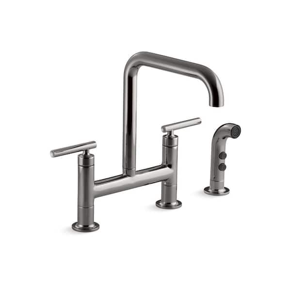KOHLER Purist Double-Handle Surface Mount Bridge Kitchen Faucet in Vibrant Titanium