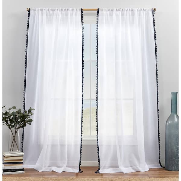 EXCLUSIVE HOME Tassels Black Solid Sheer Rod Pocket Curtain, 54 in. W x 84 in. L (Set of 2)