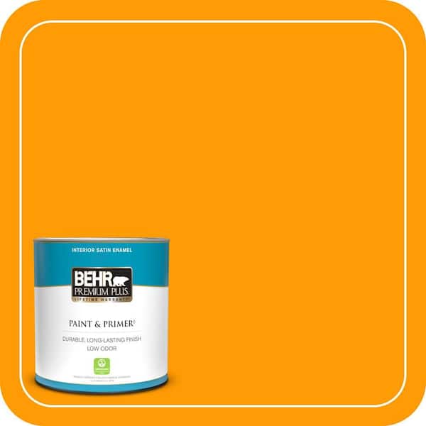 BEHR PREMIUM PLUS 1 qt. #S-G-320 Atomic Tangerine Satin Enamel Low Odor Interior Paint & Primer