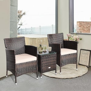 3-Piece Wicker Patio Conversation Set with Beige Cushions