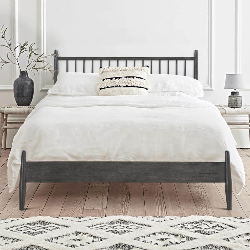 Gray Wood Queen Platform Bed with Vertical Slat Headboard