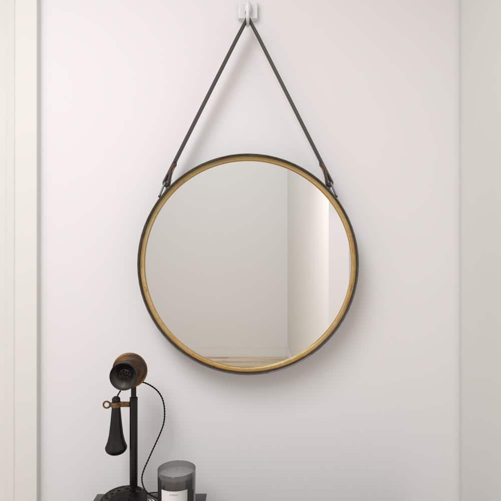Contemporary Round Gold Metal Mirror with Leather Hang Strap