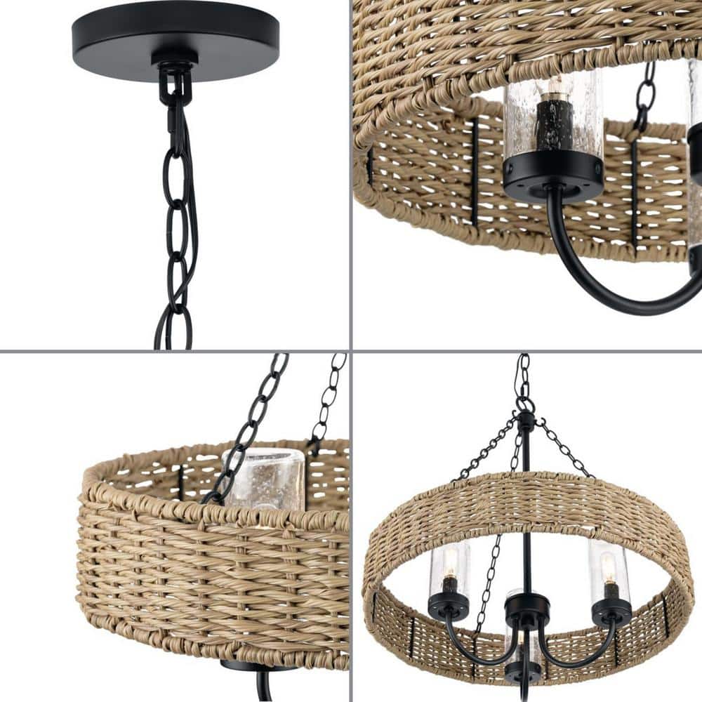 Pembroke Matte Black Outdoor Chandelier with Mocha Rattan and Seeded Glass