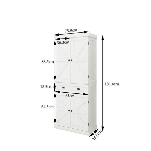FUNKOL 29.92inx15.75nx71.65in White Mi-character MDF Kitchen Cabinet with 4 Doors, 1 Drawer and 2 Adjustable Shelves