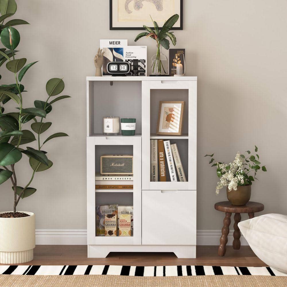 White 39.4 in. Wood Storage Cabinet with 2 Glass Door and Storage
