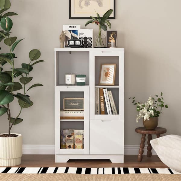 White 39.4 in. Wood Storage Cabinet with 2 Glass Door and Storage