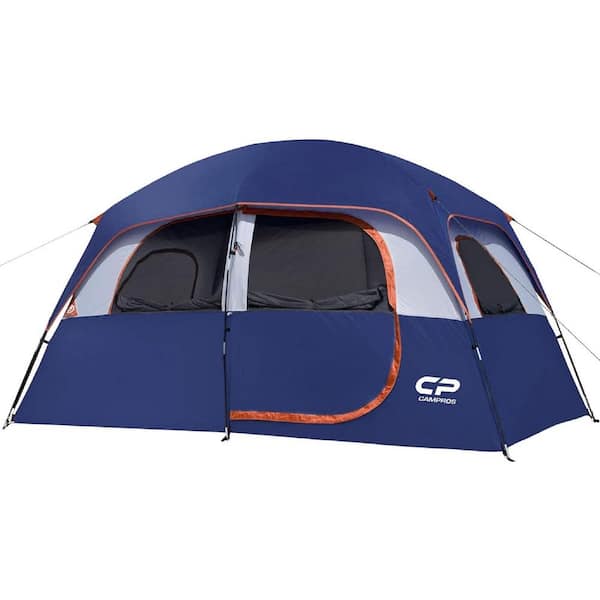 Cesicia Outdoor Double Layer 11 ft. x 7 ft. x 72 in. 6-Person Blue Fabric Camping Tent with Carry Bag and 4 Large Mesh Windows