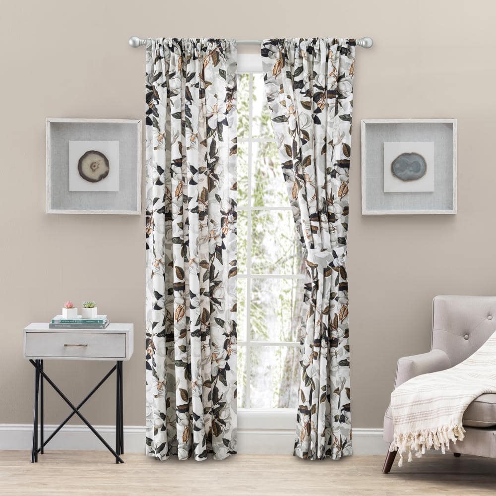 Ellis Curtain Magnolia White Floral Cotton Lined 100 in. W x 84 in. L ...