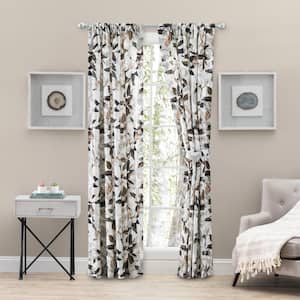 Magnolia White Floral Cotton Lined 100 in. W x 84 in. L Rod Pocket Room Darkening Curtains with Ties (Double Panel)
