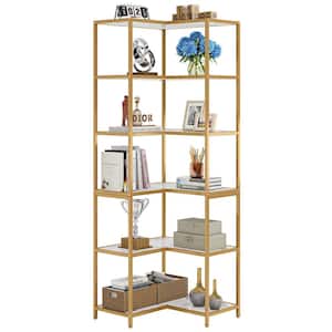 Eulas 70.9 in. H White Gold 6-Shelf L-Shaped Bookcase with Metal Frame, Corner Bookcase Large Etagere Book Shelving Unit