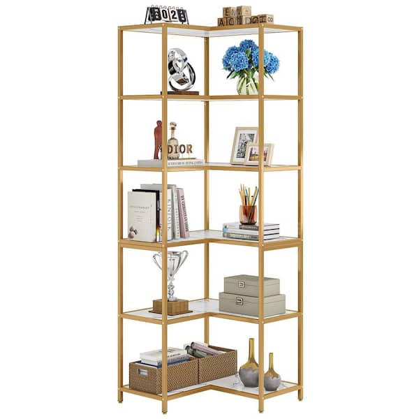 BYBLIGHT Eulas 70.9 in. H White Gold 6-Shelf L-Shaped Bookcase with Metal Frame, Corner Bookcase Large Etagere Book Shelving Unit