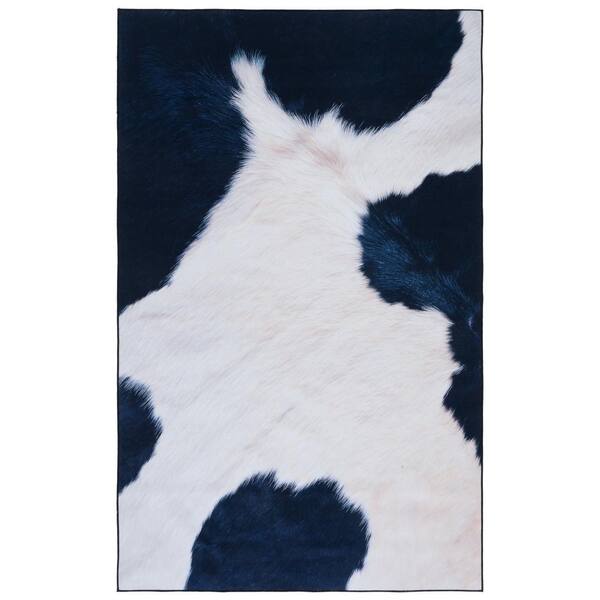 SAFAVIEH Faux Hide Ivory/Dark Blue Doormat 3 ft. x 5 ft. Machine Washable Animal Print Area Rug