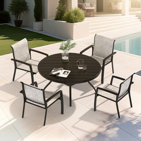 5-Piece Metal Outdoor Dining Set, 4 Stackable Dining Chairs and Round Dining Table Set, Black