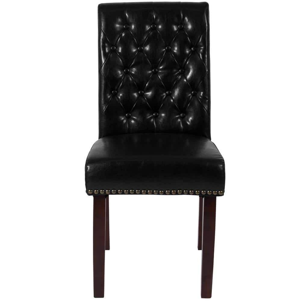 Black Leather Upholstered Parsons Side Chair with Wood Legs