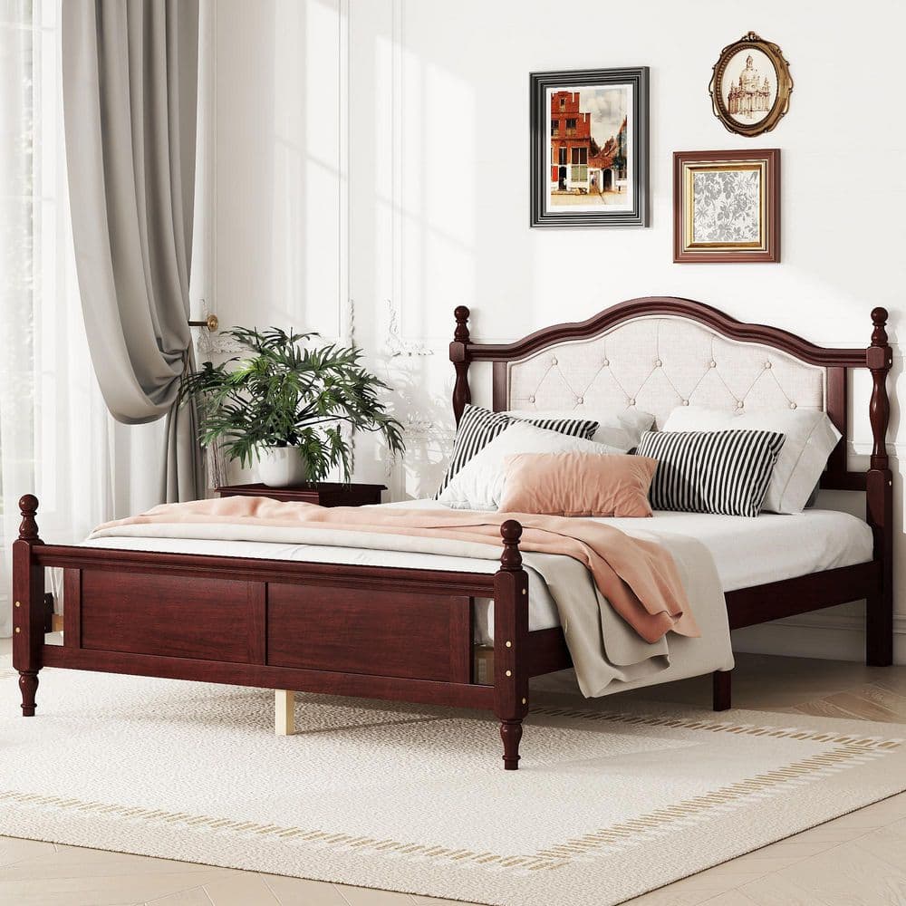 Brown Wood Frame Queen Platform Bed with Upholstered Headboard and Panel Footboard price history on PriceWatchPro
