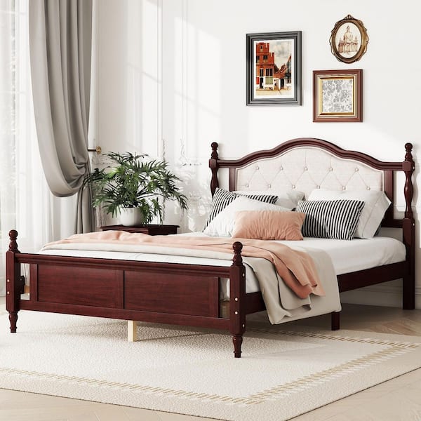 anpport Brown Wood Frame Queen Platform Bed with Upholstered Headboard and Panel Footboard
