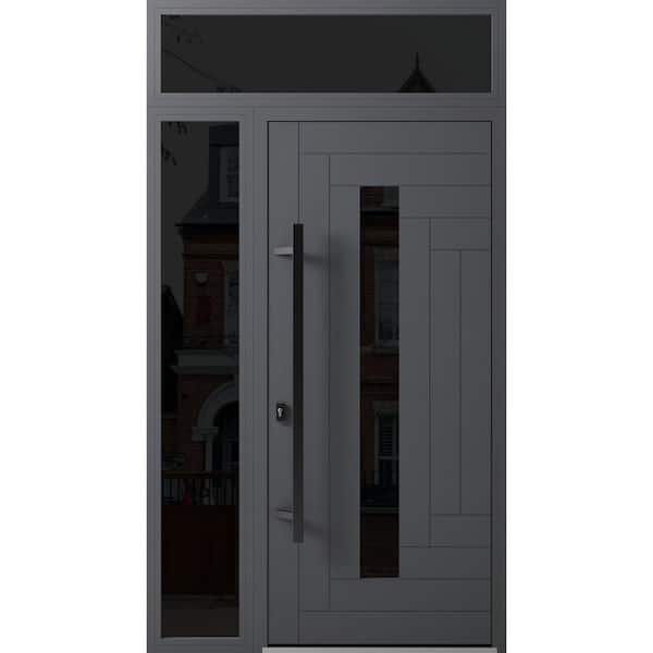 VDOMDOORS 0130 50 in. x 96 in. Right-hand/Inswing Sidelight and Transom Tinted Glass Grey Steel Prehung Front Door with Hardware