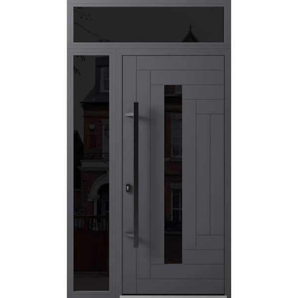 VDOMDOORS 0130 52 in. x 96 in. Right-hand/Inswing Sidelight and Transom Tinted Glass Grey Steel Prehung Front Door with Hardware