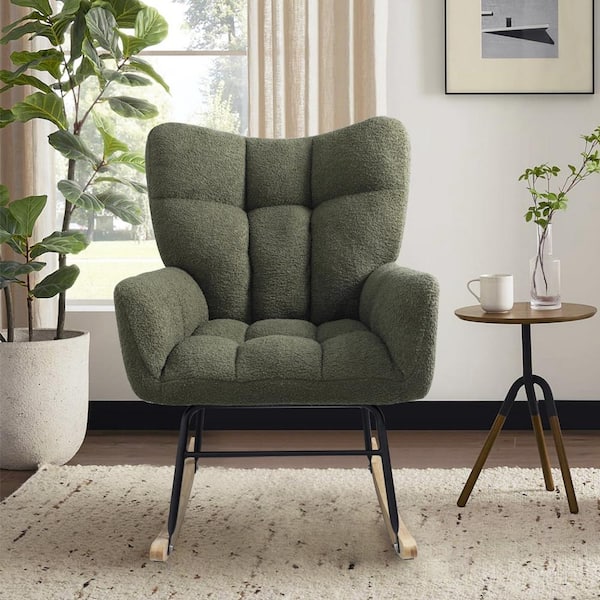 Unbranded Metal and Teddy Fabric Outdoor Rocking Chair with Deep Green Cushion, Modern Rocking Accent Chair