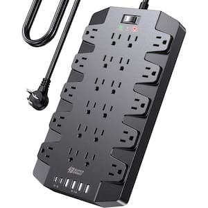 Black 14-Outlets Power Strip Surge Protector with 2 USB-C, 4 USB-A & 6.5 ft. Flat Plug Extension Cord, Wall Mount