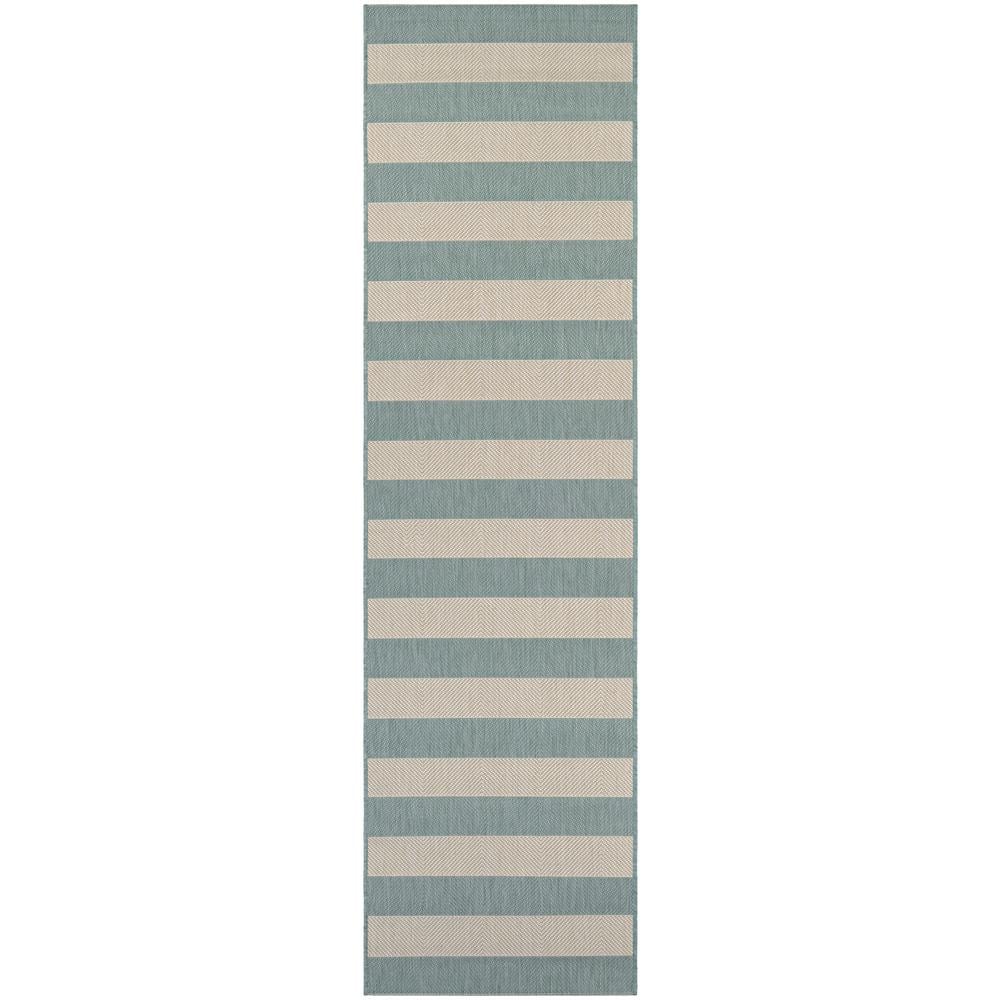Sea Mist and Ivory Striped Outdoor Runner Rug, 2'2" x 7'10"