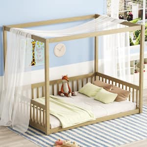 Natural Brown Wood Frame Full Size Platform Bed with Canopy Frame, Fence Guardrails