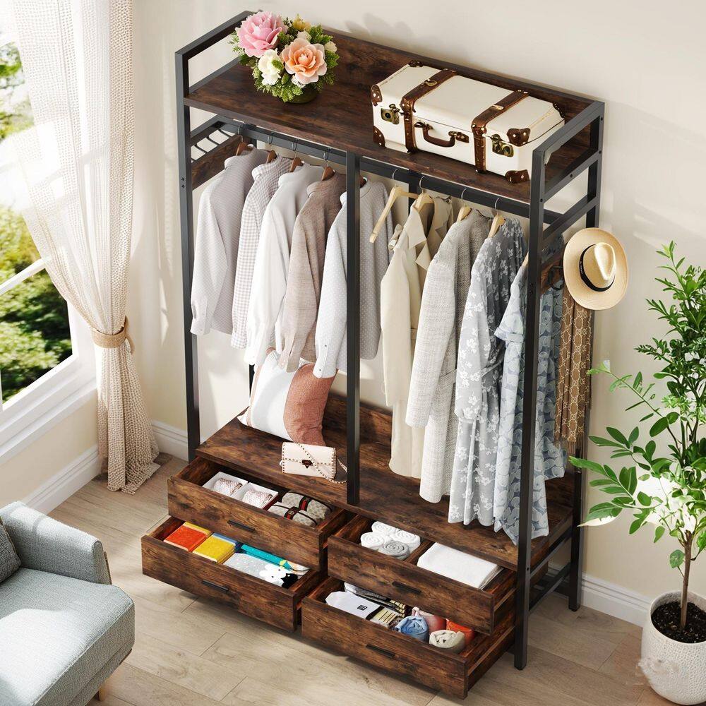 Carmalita Brown Wood 47.24 in. Armoire with 4 Drawers and 8 Hooks, Freestanding Clothing Rack for Bedroom Living Room - thumbnail 7