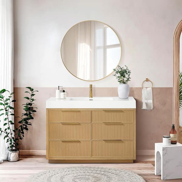 Hohhot 48 in. W x 19.7 in. D x 33.8 in. H Single Bath Vanity in Washed Ash Grey with White Engineered Stone Top